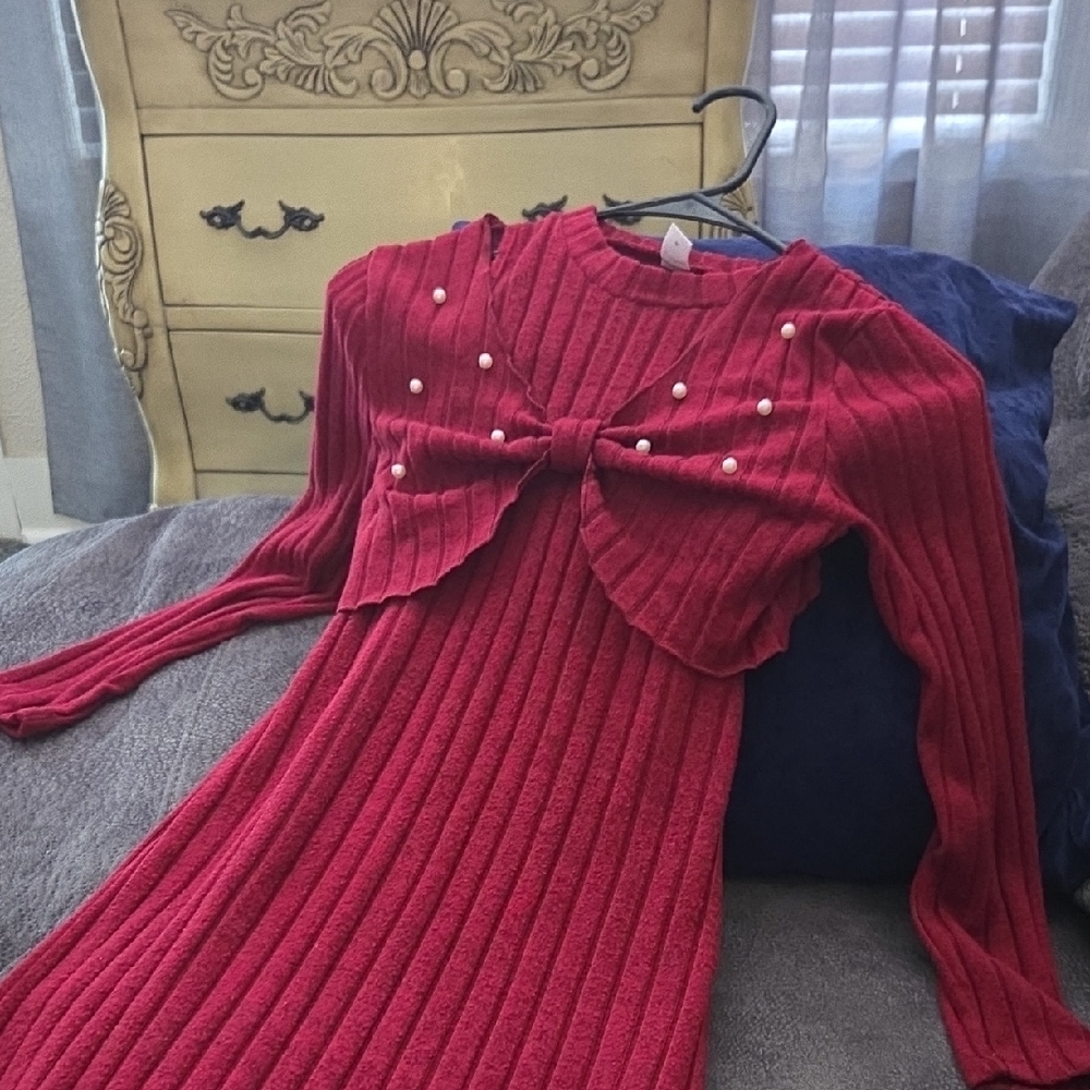 SHEIN Red Ribbed Knit Dress with Pearl Bow Detail
